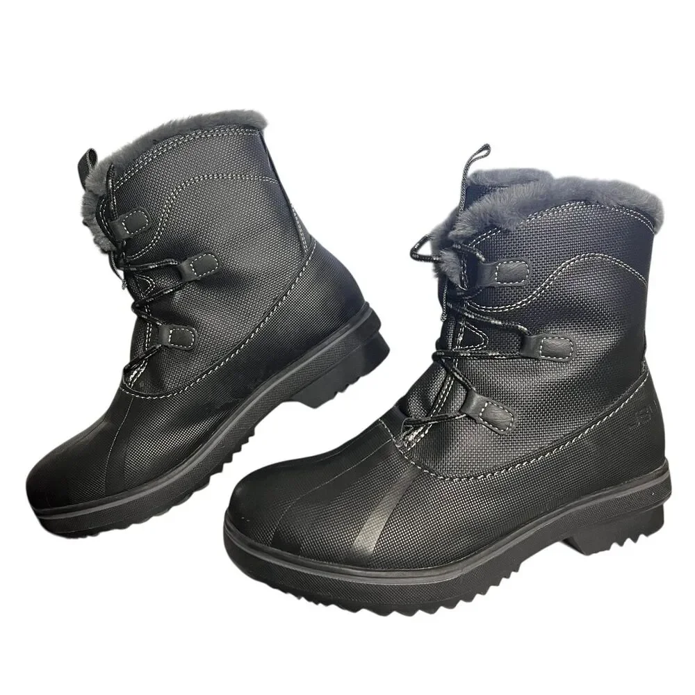 JBU Brisky Snow Boots Womens Size 6 Black Faux Fur Ankle Lace Up Winter